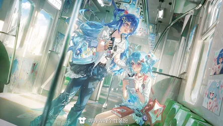 Tuzhate Anime Girls in Futuristic Room with Blue Hair - free anime wallpaper 3000×1688