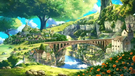 Fantasy Valley Town with Stone Bridge - free fantasy wallpaper 4742×2667