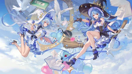 Sky Maidens with Books and Birds - free anime wallpaper 3200×1800