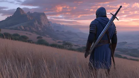 Armored Warrior Overlooking Mountain Valley at Sunset - free nature wallpaper 3840×2160