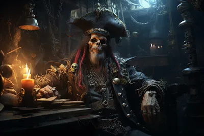 Skeletal Pirate Captain in Candlelit Dark Chamber - free fantasy wallpaper 3840×2560
