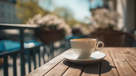 Coffee Cup on Wooden Table in Sunny Outdoor Café - free photography wallpaper 2912×1632