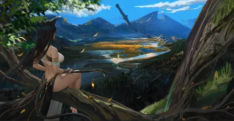 Ydiya Kai Overlooking the Mountain Valley - free fantasy wallpaper 2954×1539