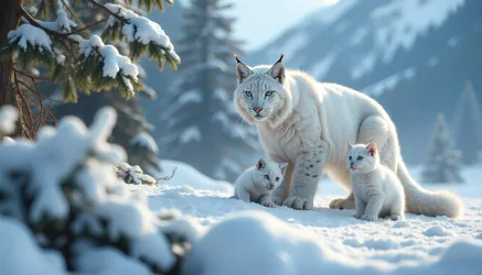 Snow Lynx Mother with Two Kittens in Winter Forest - free animals wallpaper 5120×2926