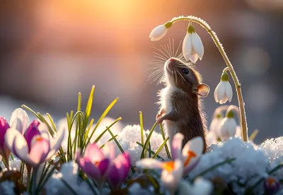 Small Rodent Among Spring Flowers in Snow - free wallpaper 4096×2822