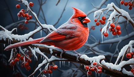 Cardinal Perched Among Snow-Covered Branches with Red Berries - free wallpaper 6067×3467