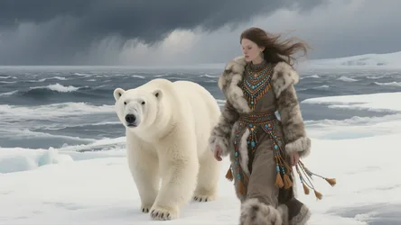 Woman in Fur-Trimmed Clothing with Polar Bear on Icy Coast - free people & portraits wallpaper 3328×1872