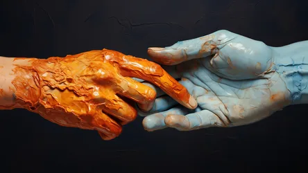 Two Hands Touching With Orange and Blue Paint - free wallpaper 3840×2160