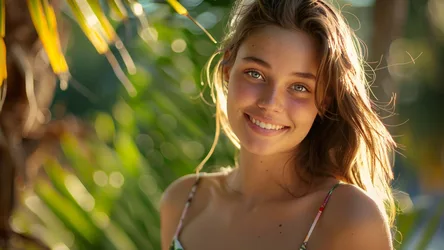 Young Woman Smiling Among Green Foliage in Sunlight - free wallpaper 2880×1620