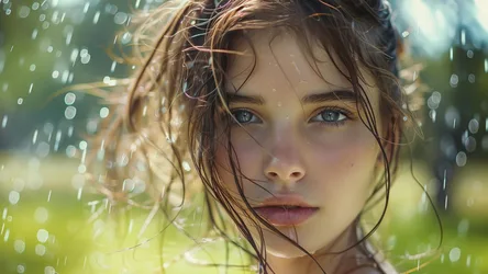 Girl in Rain with Wet Hair and Green Background - free wallpaper 2880×1620