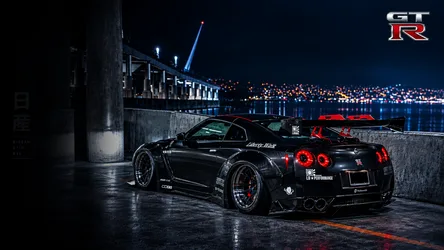 Black Nissan GT-R at Night Waterfront - free cars & vehicles wallpaper 7680×4323