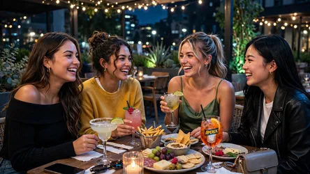 Four Women Enjoying Drinks and Food at Rooftop Bar - free people & portraits wallpaper 2048×1152