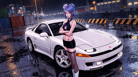 Anime Girl With Sports Car In Rainy Port City - free wallpaper 7680×4287