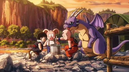 Dragon and Children Camping by Canyon at Sunset - free cartoons & comics wallpaper 1920×1080