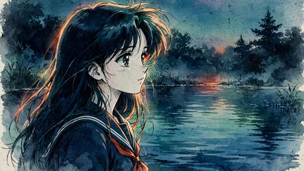 Anime Girl Gazing at Sunset Lake - free cartoons & comics wallpaper 2048×1152