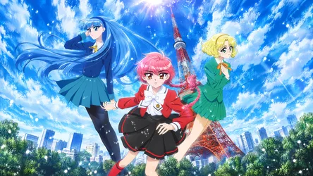 Three Anime Girls Against Tokyo Tower Sky - free anime wallpaper 3840×2160