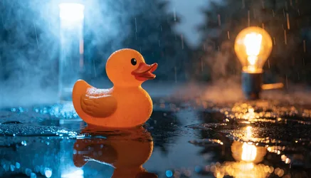 Orange Rubber Duck in Rain with Glowing Lightbulbs - free photography wallpaper 7680×4389
