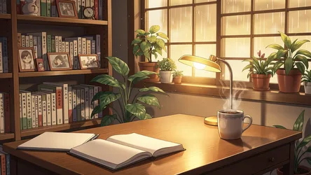 Cozy Study Room with Books, Plants, and Warm Sunlight - free anime wallpaper 2048×1152