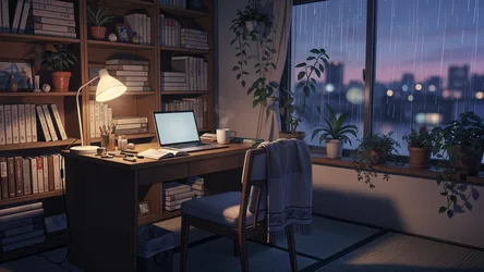 Rainy Evening Study Room with City View - free anime wallpaper 2048×1152