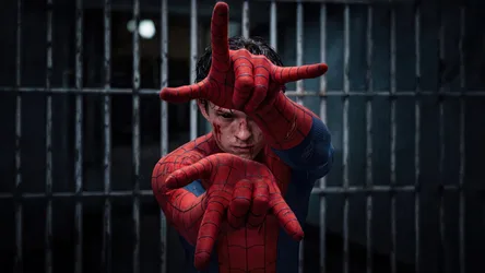 Spider-Man In Rain Against Industrial Metal Fence - free wallpaper 7680×4320