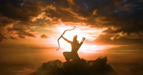 Archer With Bow and Arrows at Sunset on Rocky Peak - free fantasy wallpaper 4096×2160