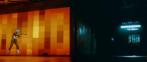 Cyberpunk 2077 Neon Elevator Encounter - free wallpaper 2557×1086