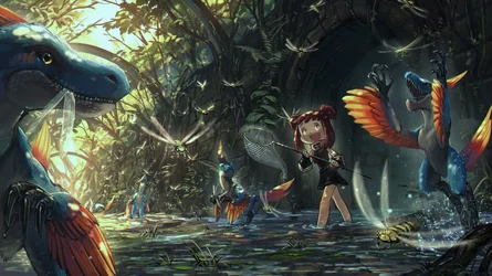Adventurer with Winged Creatures in a Jungle Stream - free fantasy wallpaper 2500×1406