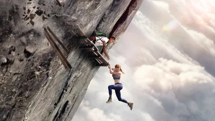 Two People Climbing Wooden Ladder on Vertical Stone Wall - free photography wallpaper 3840×2160