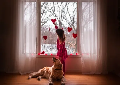 Girl in Red Dress Decorating Window with Heart Cutouts - free people & portraits wallpaper 5120×3628