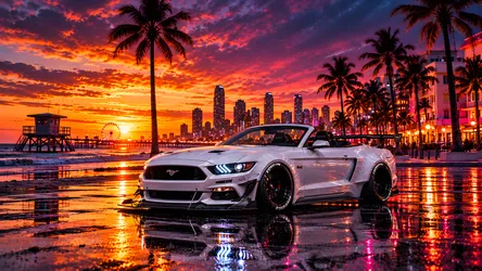 White Mustang Convertible on Beach at Sunset - free cars & vehicles wallpaper 8360×4705