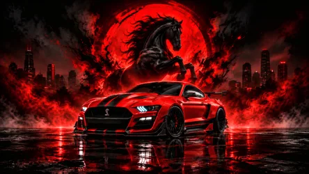 Red Mustang Shelby GT500 with Rearing Horse Moon - free cars & vehicles wallpaper 8360×4705
