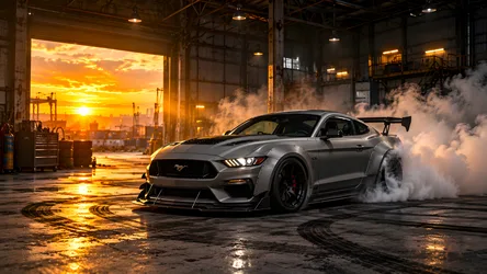 Silver Mustang Drifting in Industrial Warehouse at Sunset - free cars & vehicles wallpaper 8360×4705