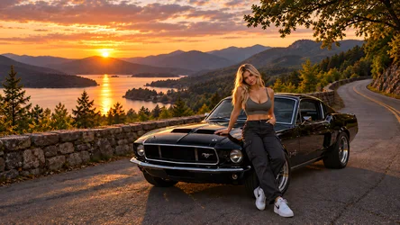 Woman Posing With Classic Mustang at Sunset Lake Overlook - free people & portraits wallpaper 8360×4705
