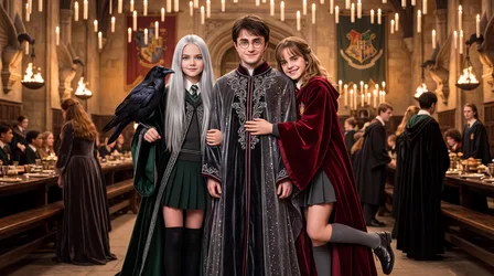 Three Students in Wizarding School Great Hall with Raven - free movies & tv wallpaper 5504×3072