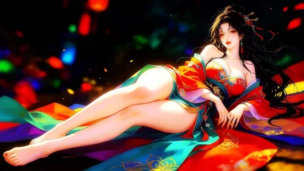Anime Woman in Red Traditional Dress on Colorful Background - free fantasy wallpaper 7680×4322