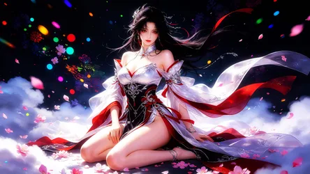 Ethereal Female Character in Red and White Fantasy Attire - free wallpaper 7680×4322