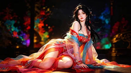 Woman in Traditional Red Hanfu Dress on Stage - free wallpaper 7680×4291