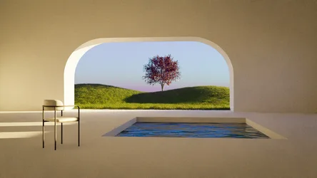 Surreal Room with Pool and Solitary Tree - free art & design wallpaper 1920×1080