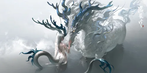 Dragon Maiden With White Hair in Misty Mountains - free fantasy wallpaper 4961×2487