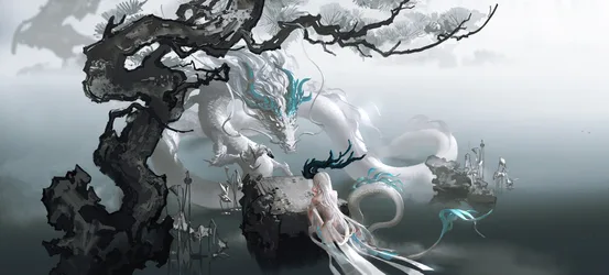 White Dragon Spirit and Ethereal Maiden in Misty Mountains - free fantasy wallpaper 5957×2694