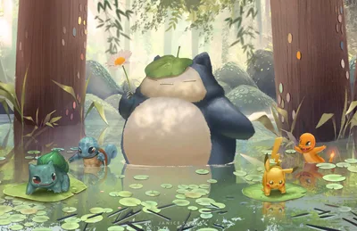 Snorlax and Friends in the Forest Pond - free wallpaper 1920×1242
