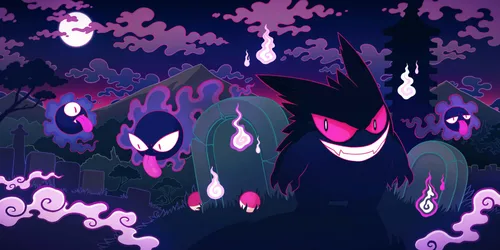 Gengar and Gastly in the Pokémon Graveyard - free gaming wallpaper 5020×2511