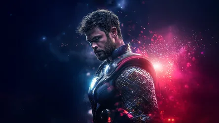 Bearded Warrior in Glowing Armor with Particle Effects - free wallpaper 5120×2880