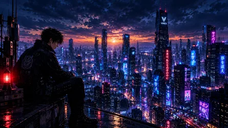 Solitary Figure Overlooking Neon-Lit Cyberpunk Cityscape - free wallpaper 1672×940