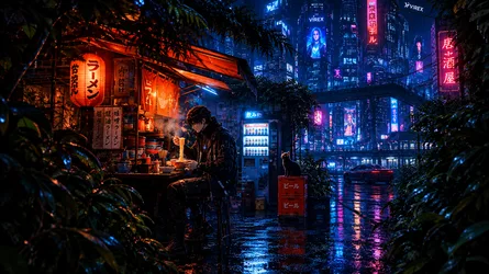 Neon Ramen Shop in Cyberpunk Tokyo Night - free anime wallpaper 1672×940