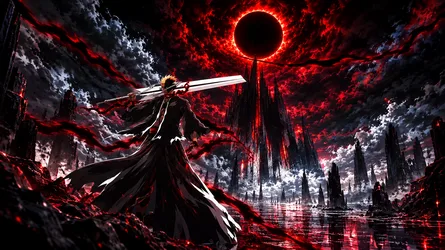 Anime Warrior With Sword Under Red Sun - free wallpaper 1672×940