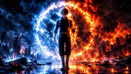 Anime Character Standing Between Blue Lightning and Red Fire - free anime wallpaper 1672×941