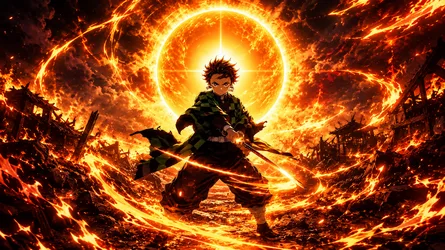 Anime Character Wielding Flaming Sword in Fiery Explosion - free wallpaper 1672×940