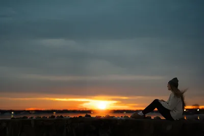 Silhouetted Woman Watching Sunset Over Water - free people & portraits wallpaper 6143×4096