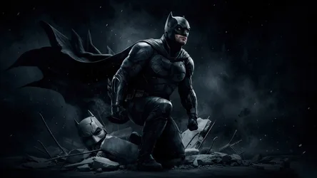 Batman in Armored Suit Standing in Dark Stormy Ruins - free wallpaper 3840×2160